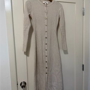 ba&sh Beige Ribbed Button-Front Long Sleeve Knit Dress